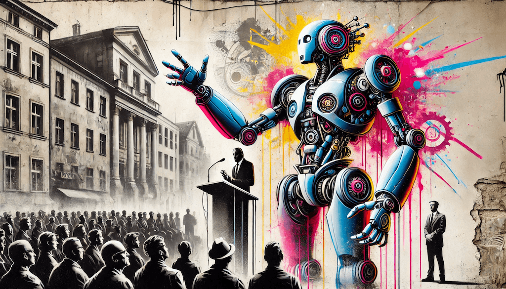 Propaganda research artwork showing a colorful robot beside a historical political gathering